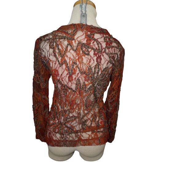 Vintage Sheer Burnt Orange Embroidered Lace Mesh Button-Up Top Boho Whimsy Goth - Picture 6 of 14
